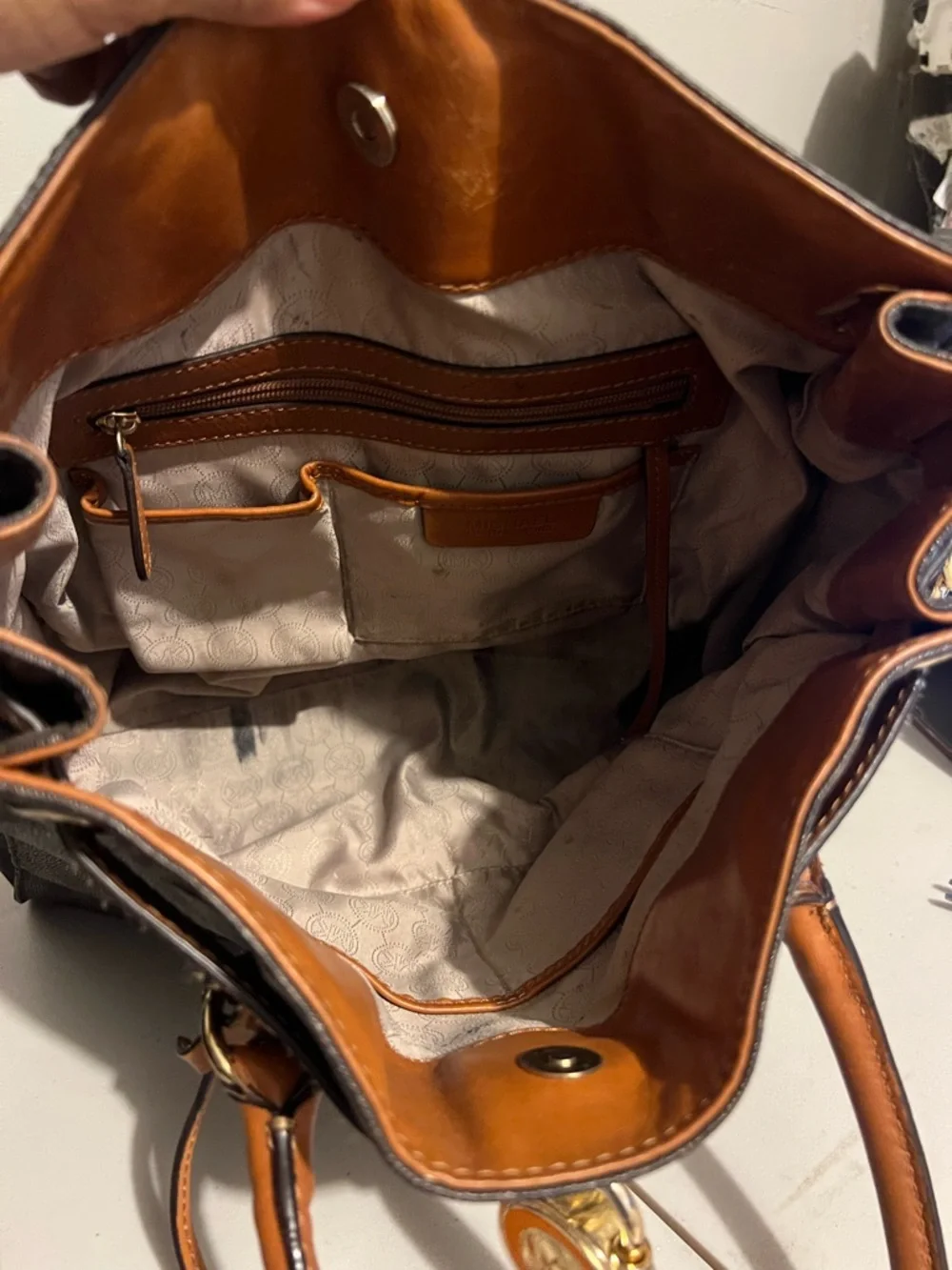 Michael Kors Brown Logo Tote with Tan Leather and Gold Hardware